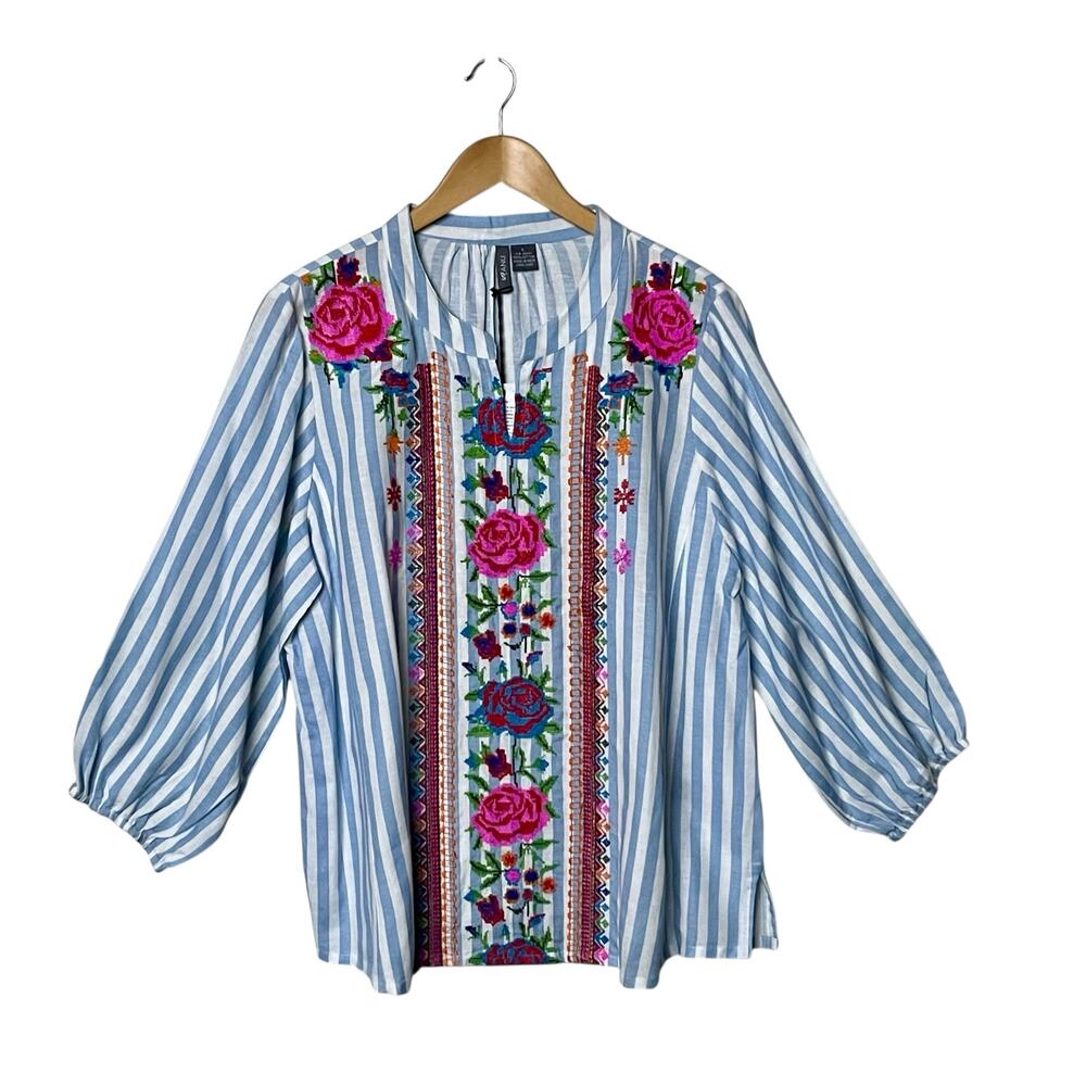 Anu Embroidered Blouse L Blue Pink Striped Floral Cotton Boho Cottagecore Top